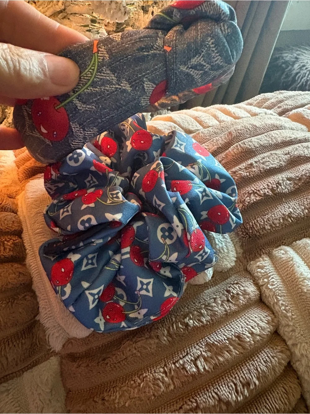 Fashion Blue Cherry Print Kids Headband & Scrunchie Set